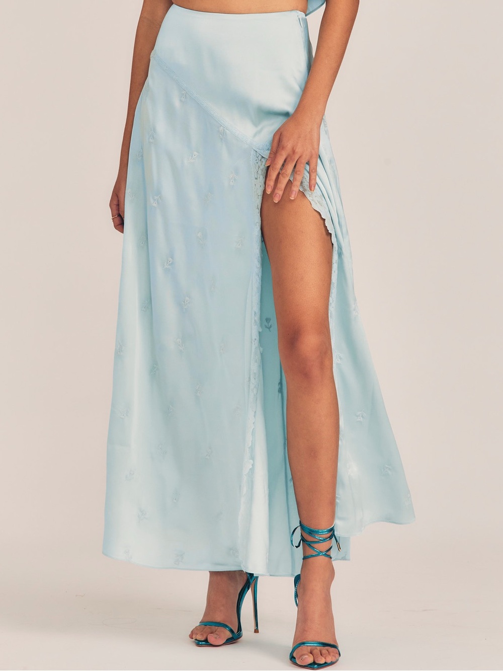 LoveShackFancy Pwder Blue Embroidered Satin Maxi Skirt – Sz 2 and NWT